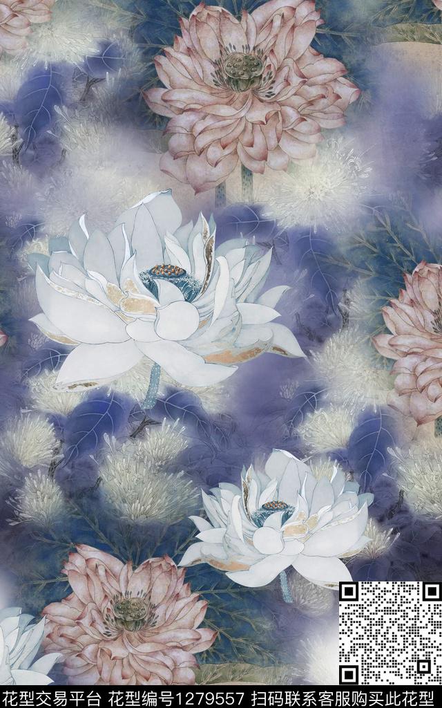 花卉中国风国画数码印花华亿平台下载（图片编号: 1279557） - 瓦栏（Walan）