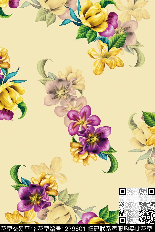 满版散花写真花数码印花华亿平台下载（图片编号: 1279601） - 瓦栏（Walan）