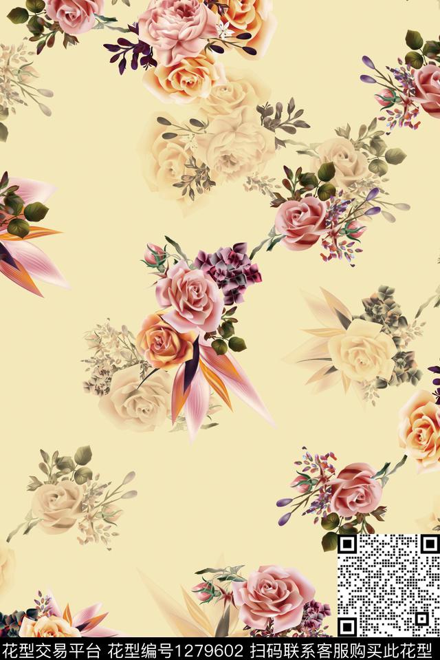 玫瑰花满版散花数码印花华亿平台下载（图片编号: 1279602） - 瓦栏（Walan）