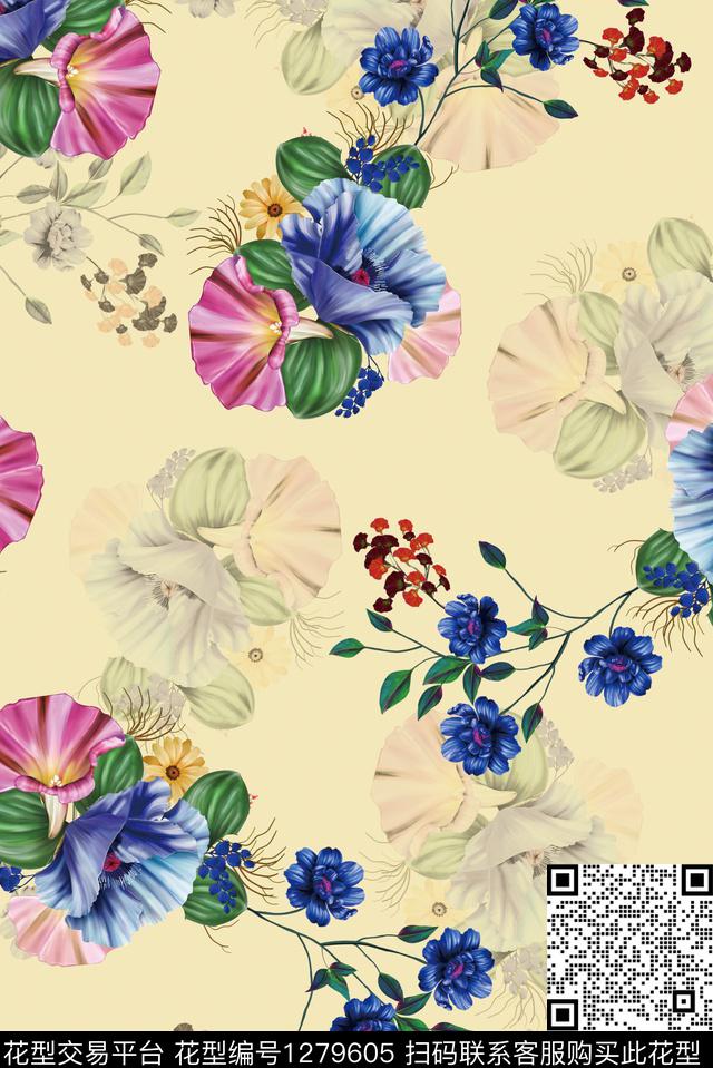 水彩花卉嗽叭花满版散花数码印花华亿平台下载（图片编号: 1279605） - 瓦栏（Walan）