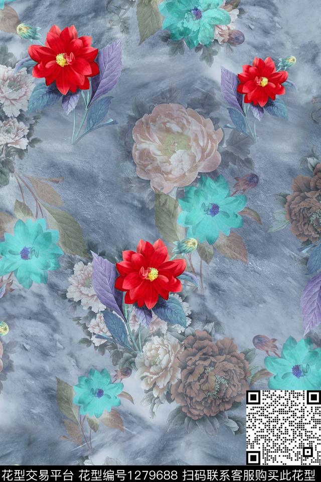 女装连衣裙花卉数码印花华亿平台下载（图片编号: 1279688） - 瓦栏（Walan）