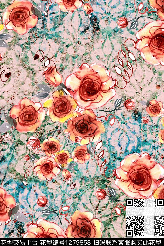 复古旗袍大牌风数码印花华亿平台下载（图片编号: 1279858） - 瓦栏（Walan）