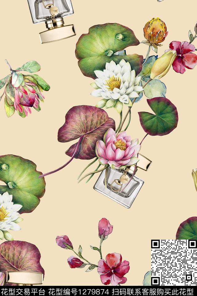香水瓶佩斯利花卉数码印花华亿平台下载（图片编号: 1279874） - 瓦栏（Walan）