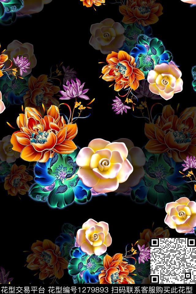 女装连衣裙花卉数码印花华亿平台下载（图片编号: 1279893） - 瓦栏（Walan）