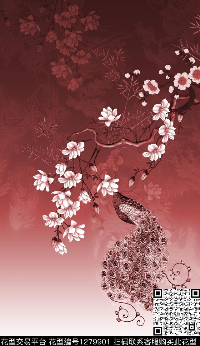 定位花渐变孔雀。刺绣数码印花华亿平台下载（图片编号: 1279901） - 瓦栏（Walan）