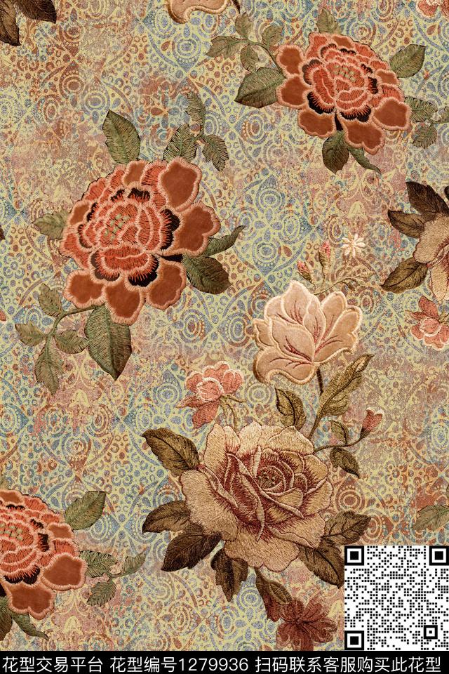 绣花华亿平台复古花卉数码印花华亿平台下载（图片编号: 1279936） - 瓦栏（Walan）