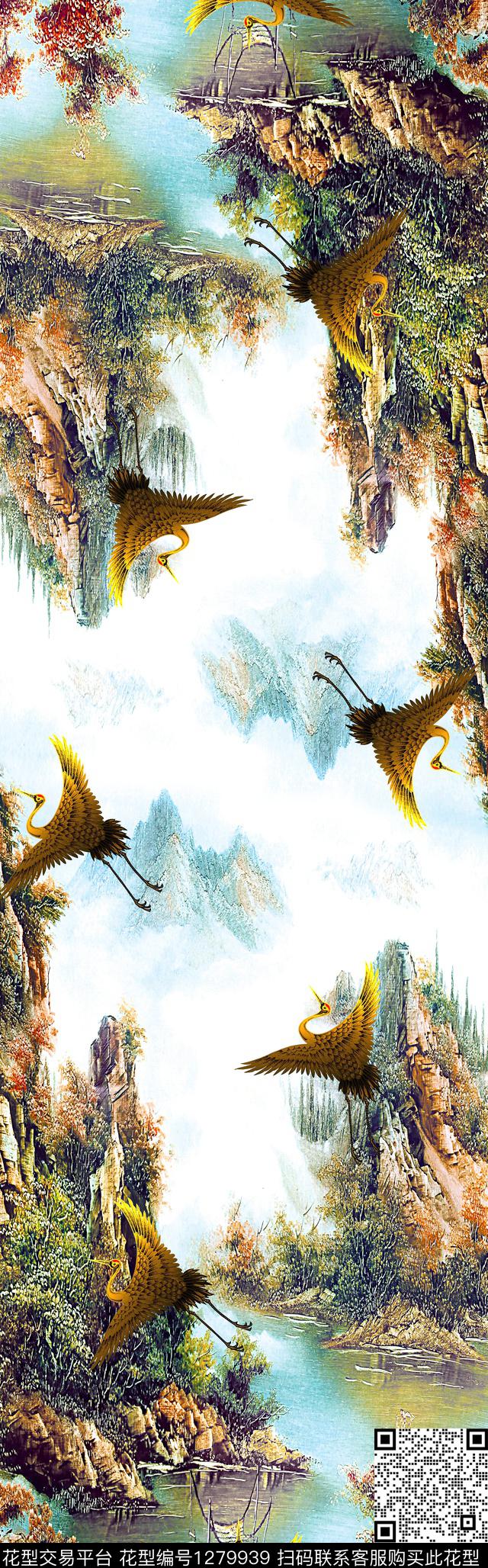 披肩长巾油画风景山水仙鹤数码印花华亿平台下载（图片编号: 1279939） - 瓦栏（Walan）