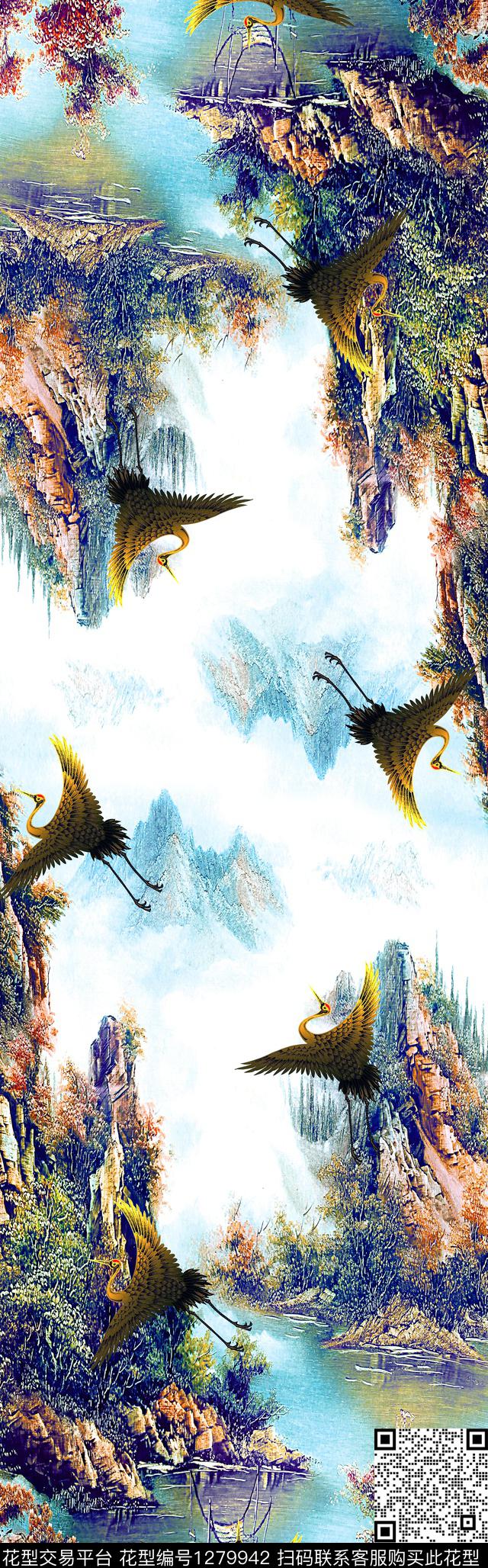 披肩长巾油画风景山水仙鹤数码印花华亿平台下载（图片编号: 1279942） - 瓦栏（Walan）