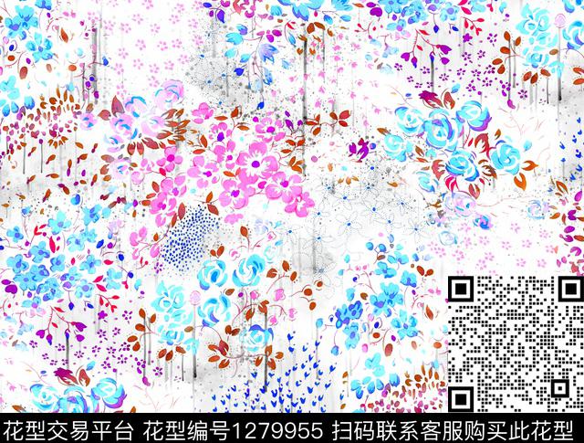 花卉手绘日系水墨数码印花华亿平台下载（图片编号: 1279955） - 瓦栏（Walan）