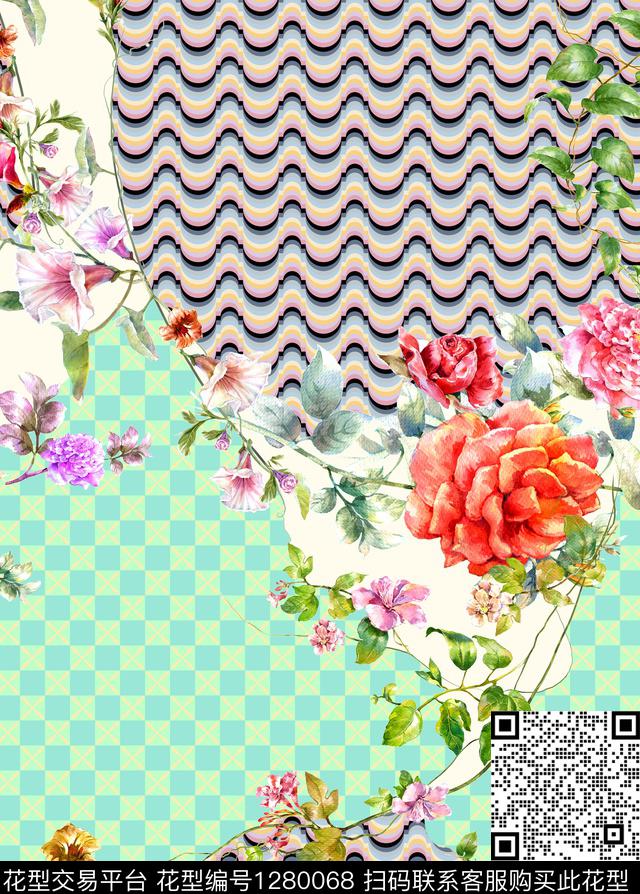 花卉波浪纹格子数码印花华亿平台下载（图片编号: 1280068） - 瓦栏（Walan）