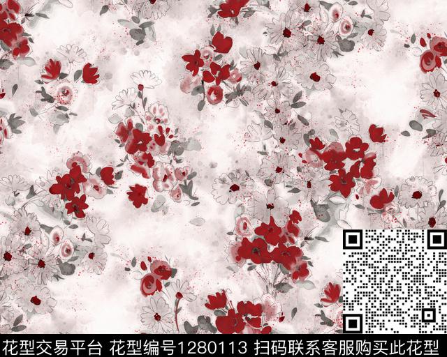 花卉手绘日系水墨数码印花华亿平台下载（图片编号: 1280113） - 瓦栏（Walan）