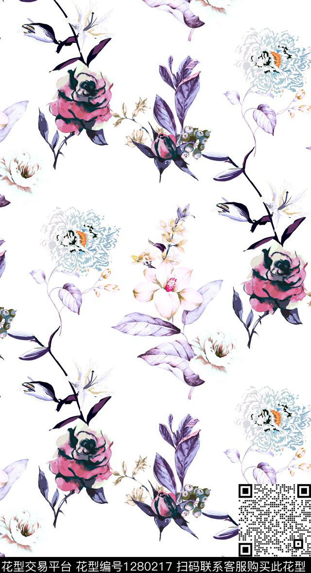 花卉大牌风水墨风数码印花华亿平台下载（图片编号: 1280217） - 瓦栏（Walan）