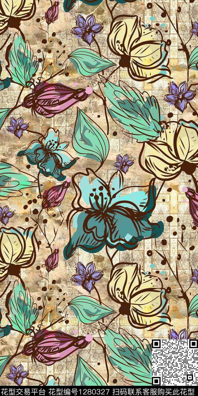 花卉绿植树叶格子数码印花华亿平台下载（图片编号: 1280327） - 瓦栏（Walan）