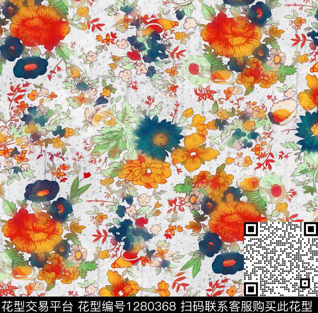 花卉手绘日系水墨数码印花华亿平台下载（图片编号: 1280368） - 瓦栏（Walan）