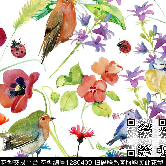 水彩花卉鸟数码印花华亿平台下载（图片编号: 1280409） - 瓦栏（Walan）