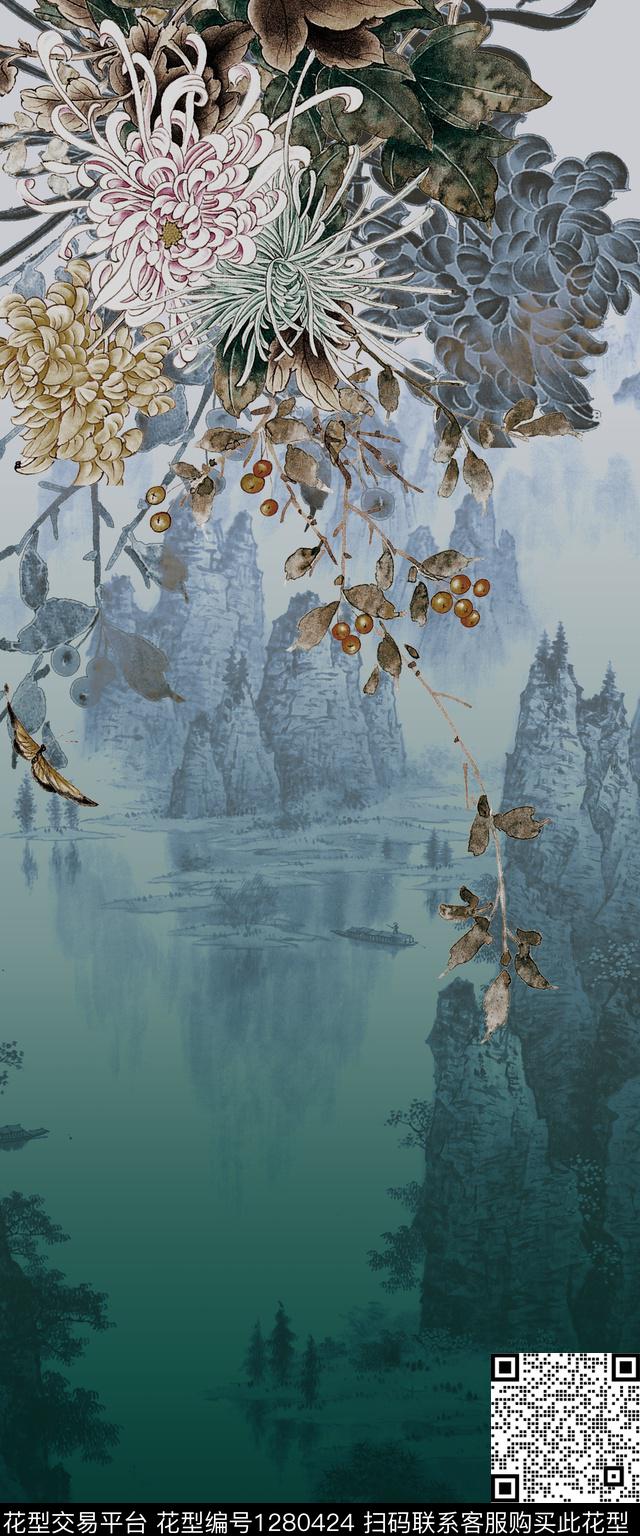 旗袍水墨风真丝数码印花华亿平台下载（图片编号: 1280424） - 瓦栏（Walan）