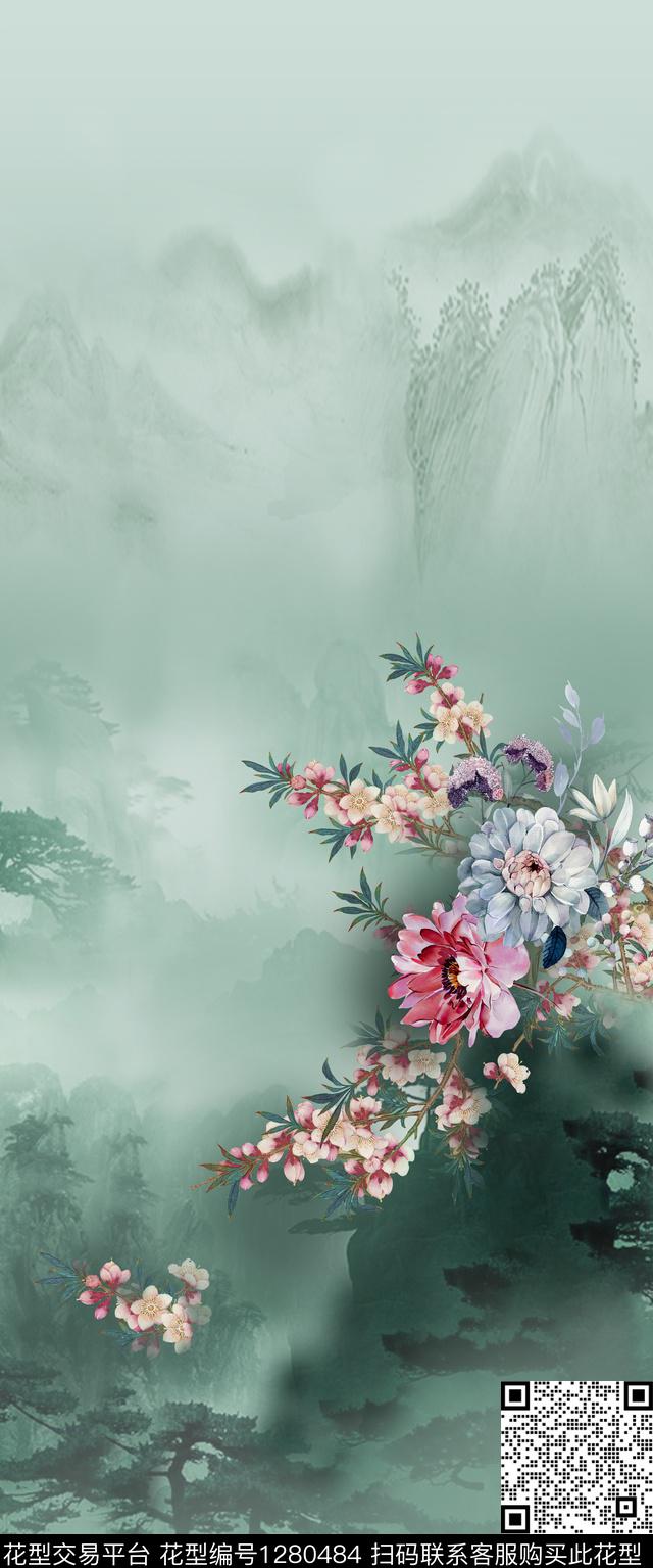 旗袍中国风定位花真丝数码印花华亿平台下载（图片编号: 1280484） - 瓦栏（Walan）