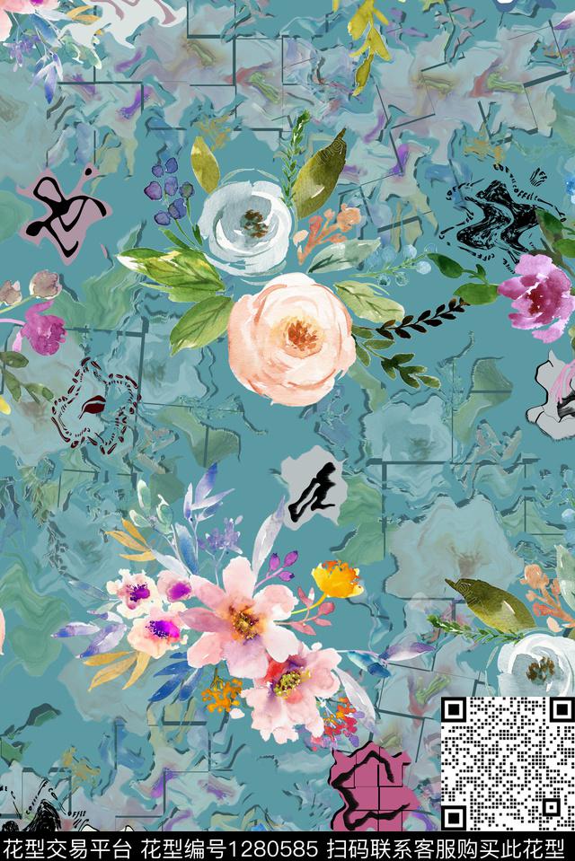 旗袍大花花卉拼接传统印花华亿平台下载（图片编号: 1280585） - 瓦栏（Walan）