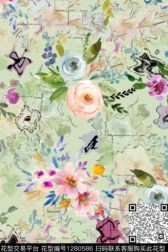 旗袍大花花卉拼接传统印花华亿平台下载（图片编号: 1280586） - 瓦栏（Walan）