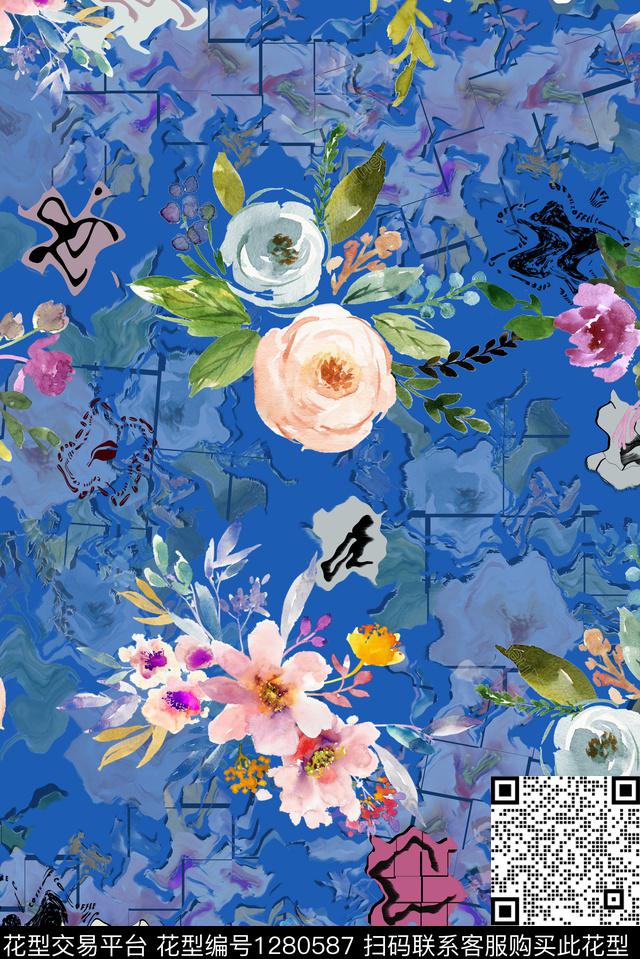 旗袍大花花卉拼接传统印花华亿平台下载（图片编号: 1280587） - 瓦栏（Walan）