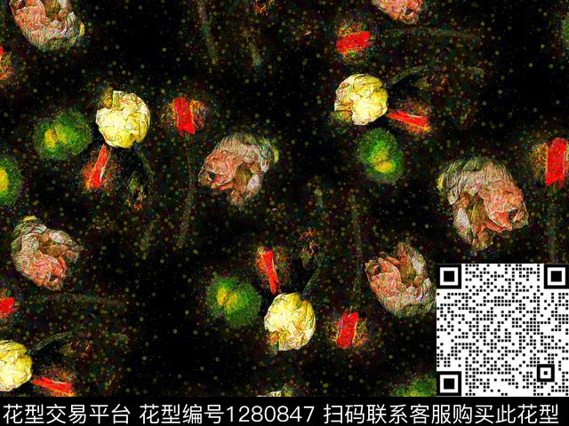 花卉手绘黑底花卉数码印花华亿平台下载（图片编号: 1280847） - 瓦栏（Walan）