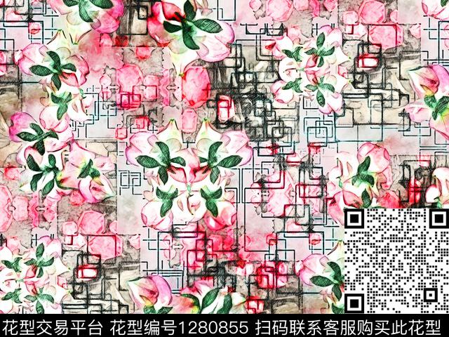 花卉手绘速写草图数码印花华亿平台下载（图片编号: 1280855） - 瓦栏（Walan）