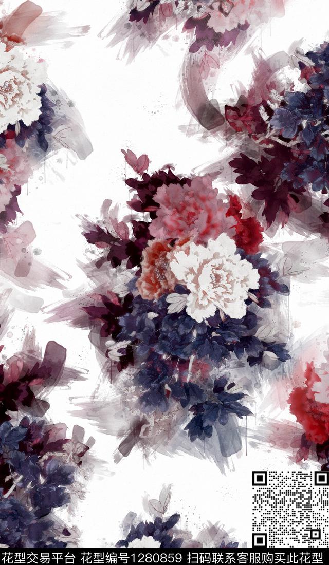 花卉手绘日系水墨数码印花华亿平台下载（图片编号: 1280859） - 瓦栏（Walan）