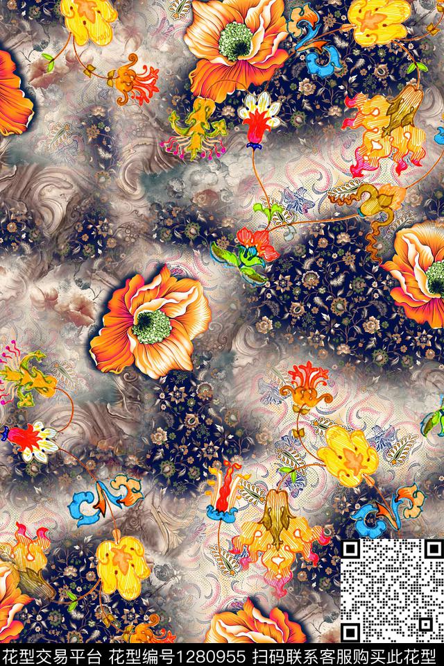 复古连衣裙花卉数码印花华亿平台下载（图片编号: 1280955） - 瓦栏（Walan）