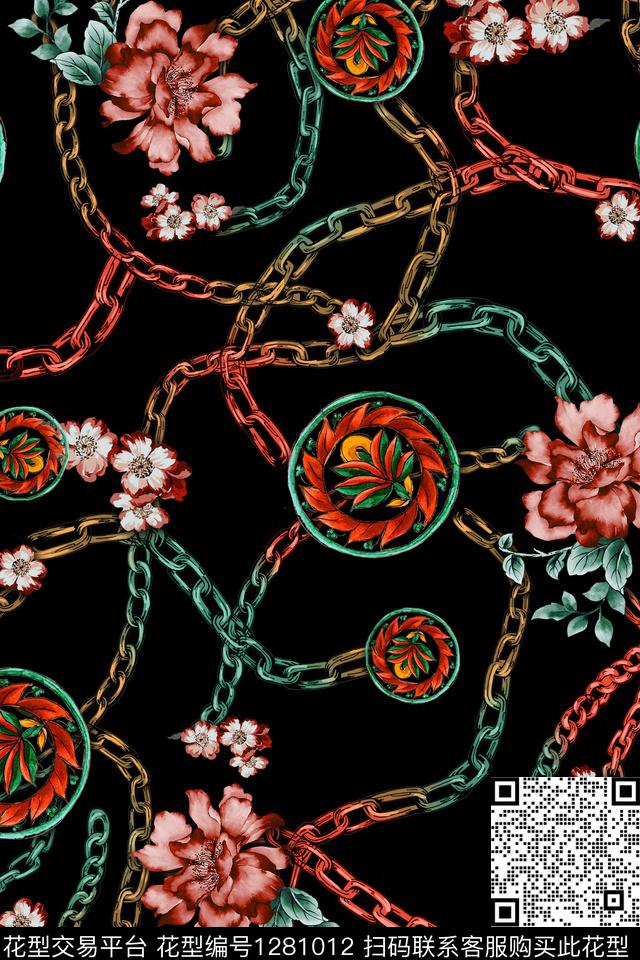 黑底花卉数码华亿平台花卉数码印花华亿平台下载（图片编号: 1281012） - 瓦栏（Walan）