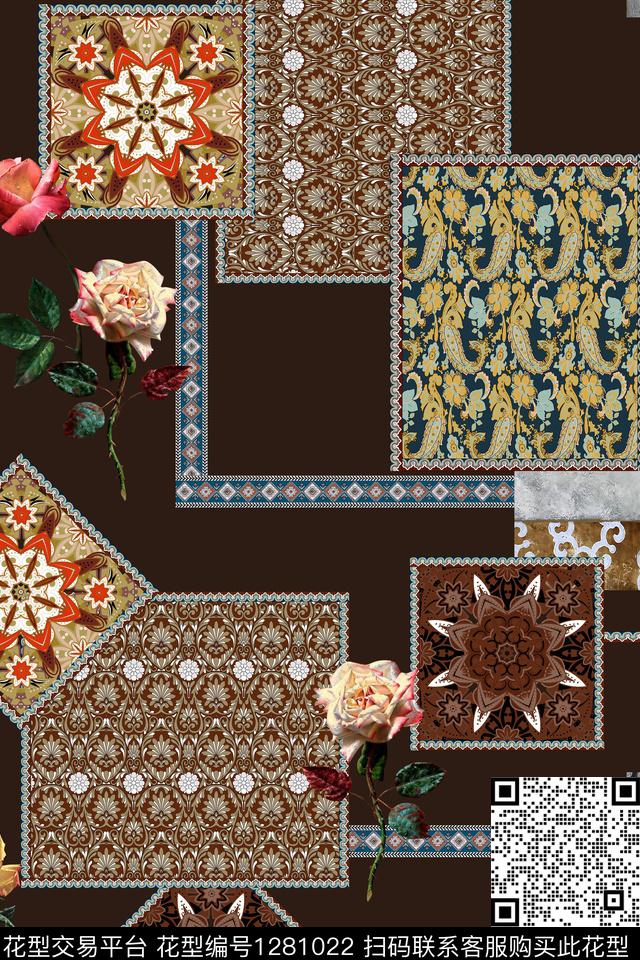 几何花卉混合拼接数码印花华亿平台下载（图片编号: 1281022） - 瓦栏（Walan）