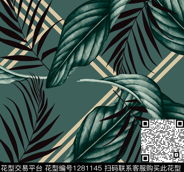 数码华亿平台条纹热带叶数码印花华亿平台下载（图片编号: 1281145） - 瓦栏（Walan）