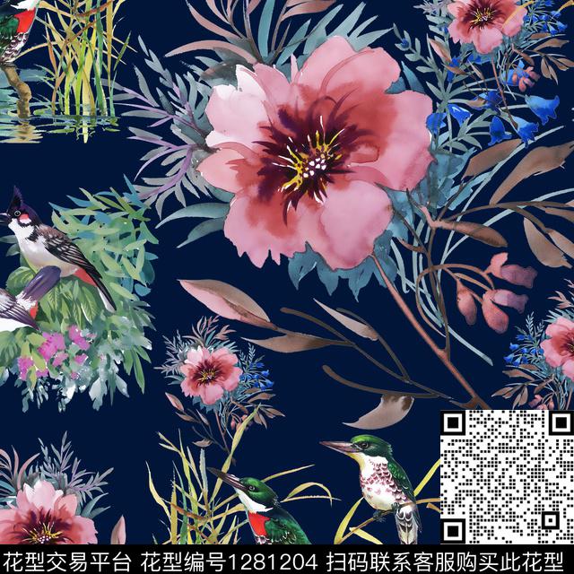 水彩花卉鸟数码印花华亿平台下载（图片编号: 1281204） - 瓦栏（Walan）