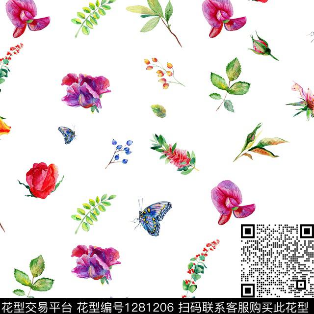 蝴蝶花卉绿植树叶数码印花华亿平台下载（图片编号: 1281206） - 瓦栏（Walan）