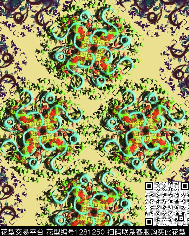 四叶草奢华蜡染数码印花华亿平台下载（图片编号: 1281250） - 瓦栏（Walan）