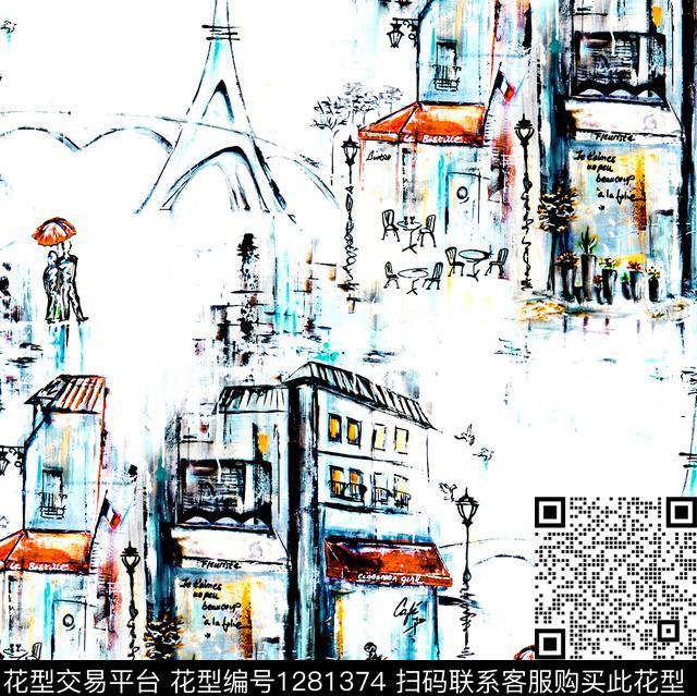 铁塔手绘欧洲数码印花华亿平台下载（图片编号: 1281374） - 瓦栏（Walan）