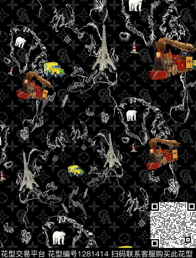 滑板黑底花卉复古数码印花华亿平台下载（图片编号: 1281414） - 瓦栏（Walan）