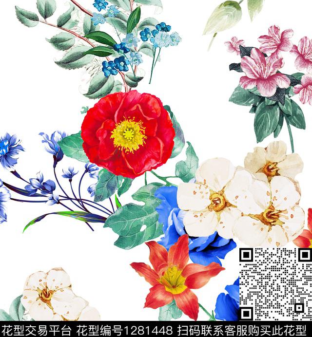 花卉绿植树叶白底花数码印花华亿平台下载（图片编号: 1281448） - 瓦栏（Walan）