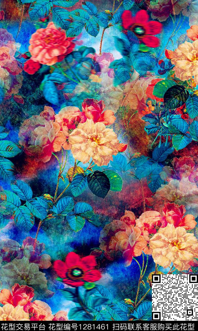 复古抽象花卉春夏华亿平台数码印花华亿平台下载（图片编号: 1281461） - 瓦栏（Walan）