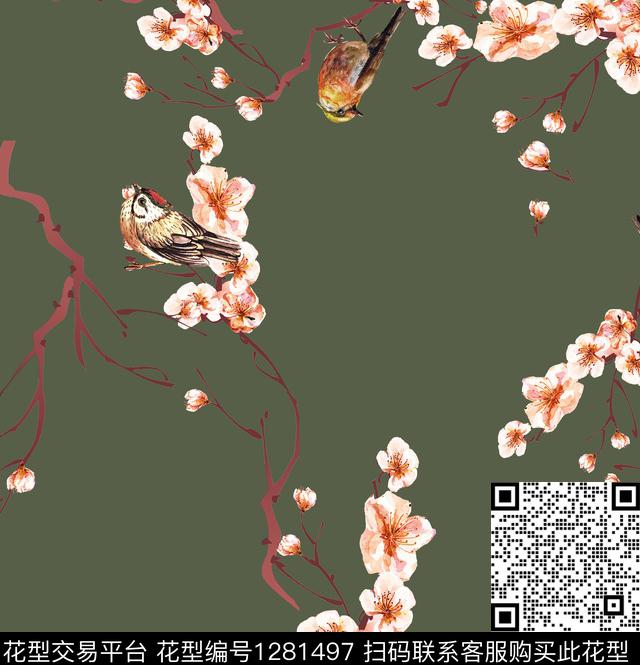 花卉鸟军绿底数码印花华亿平台下载（图片编号: 1281497） - 瓦栏（Walan）