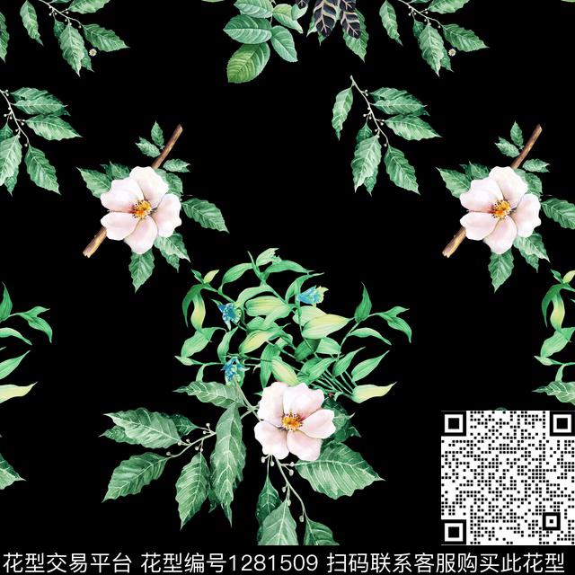 花卉绿植树叶黑底花卉数码印花华亿平台下载（图片编号: 1281509） - 瓦栏（Walan）