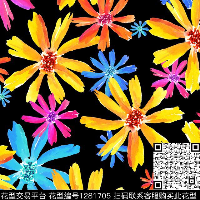 水彩花卉黑底花卉数码印花华亿平台下载（图片编号: 1281705） - 瓦栏（Walan）