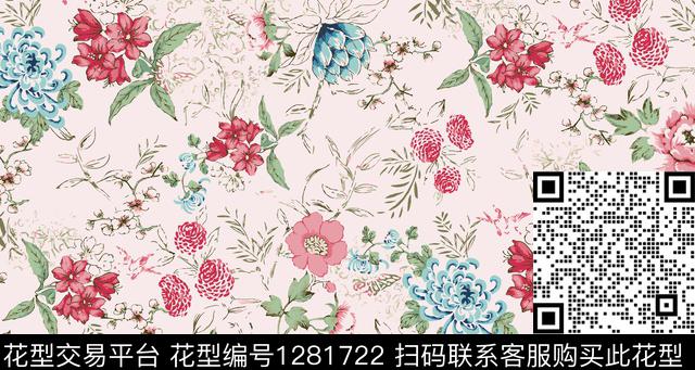花卉手绘粉底数码印花华亿平台下载（图片编号: 1281722） - 瓦栏（Walan）