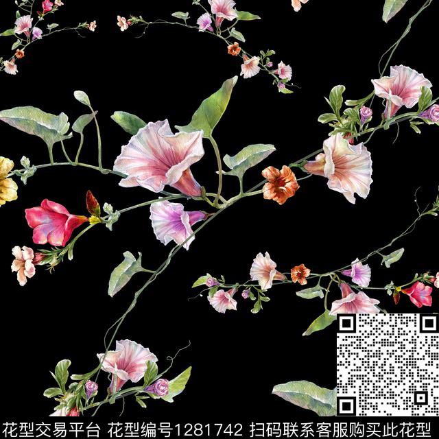 花卉黑底花卉绿植树叶数码印花华亿平台下载（图片编号: 1281742） - 瓦栏（Walan）