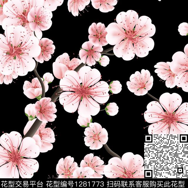 黑底花卉花卉手绘数码印花华亿平台下载（图片编号: 1281773） - 瓦栏（Walan）