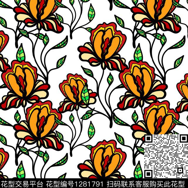 花卉白底花手绘传统印花华亿平台下载（图片编号: 1281791） - 瓦栏（Walan）