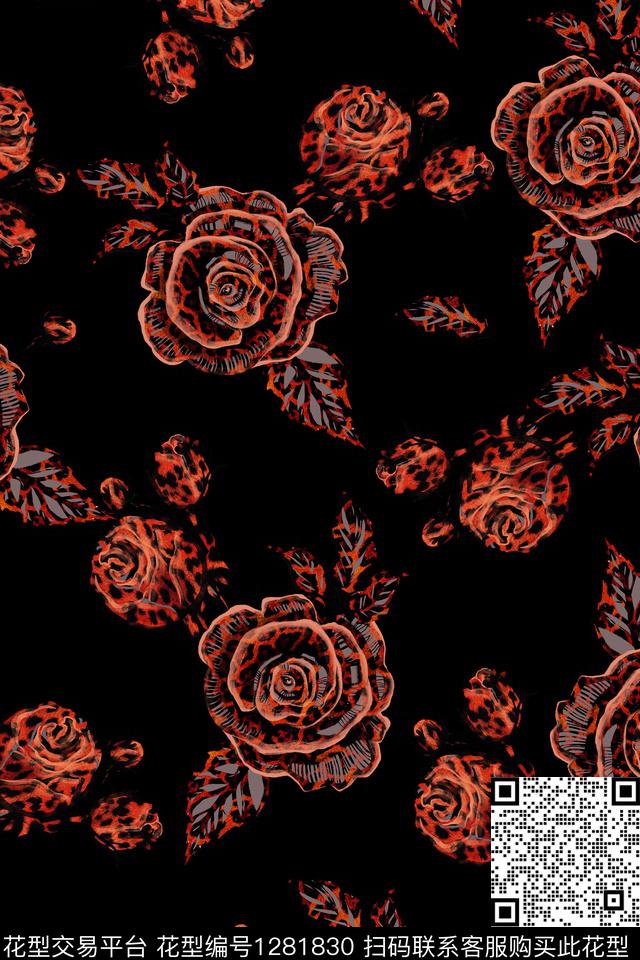 玫瑰花花卉黑底花卉数码印花华亿平台下载（图片编号: 1281830） - 瓦栏（Walan）