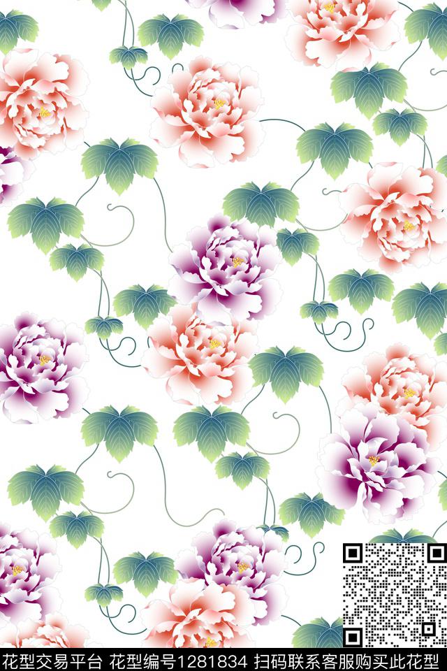 花卉手绘牡丹数码印花华亿平台下载（图片编号: 1281834） - 瓦栏（Walan）