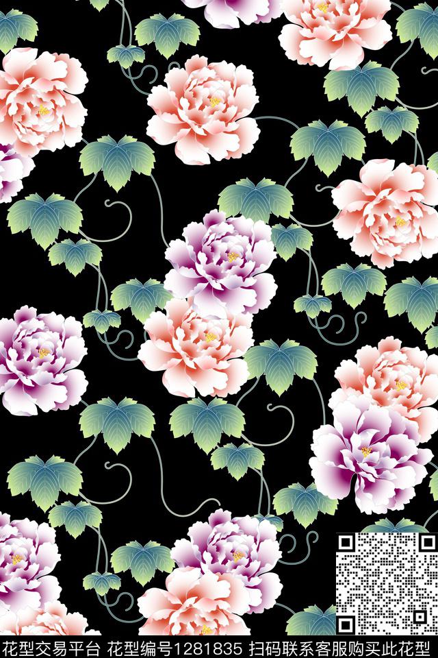 花卉手绘牡丹数码印花华亿平台下载（图片编号: 1281835） - 瓦栏（Walan）