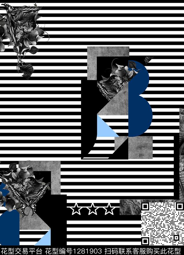 定位花线条画抽象花卉数码印花华亿平台下载（图片编号: 1281903） - 瓦栏（Walan）