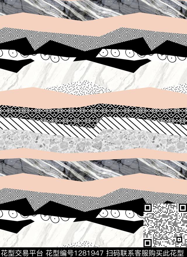 笔触马赛克几何数码印花华亿平台下载（图片编号: 1281947） - 瓦栏（Walan）